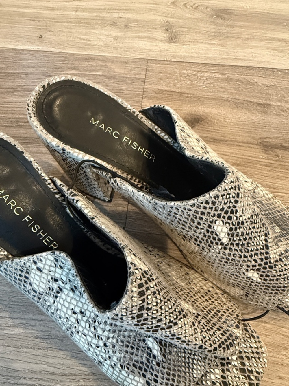 Marc Fisher Snake-Print Slip-On Mules in Beige and Black